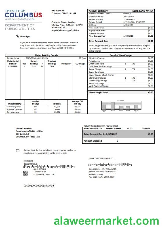 USA Ohio City of Columbus utility bill template in Word and PDF format